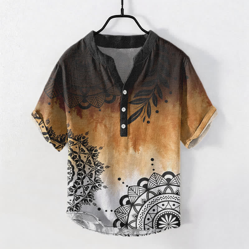 Nimara Ritual Cotton Mandala Pattern Men's Short Sleeve Half Button Shirt