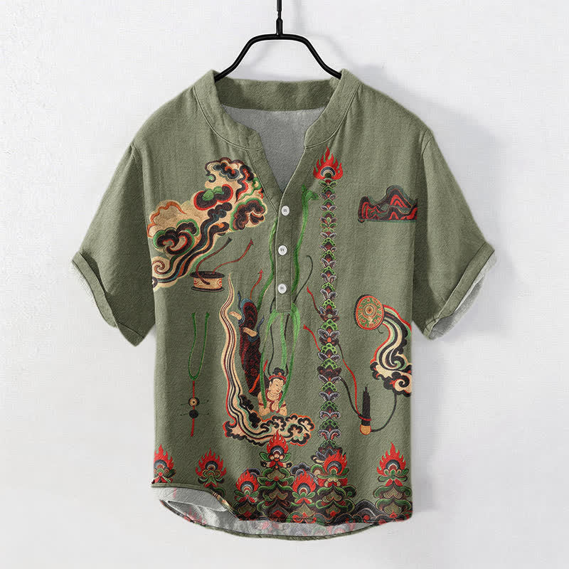 Nimara Ritual Cotton Mural Cloud Pattern Men's Short Sleeve Half Button Shirt