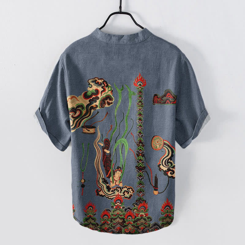 Nimara Ritual Cotton Mural Cloud Pattern Men's Short Sleeve Half Button Shirt