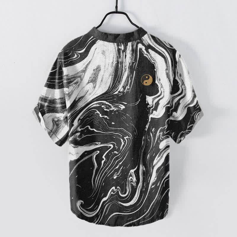 Nimara Ritual Cotton Tai Chi Pattern Men's Short Sleeve Half Button Shirt