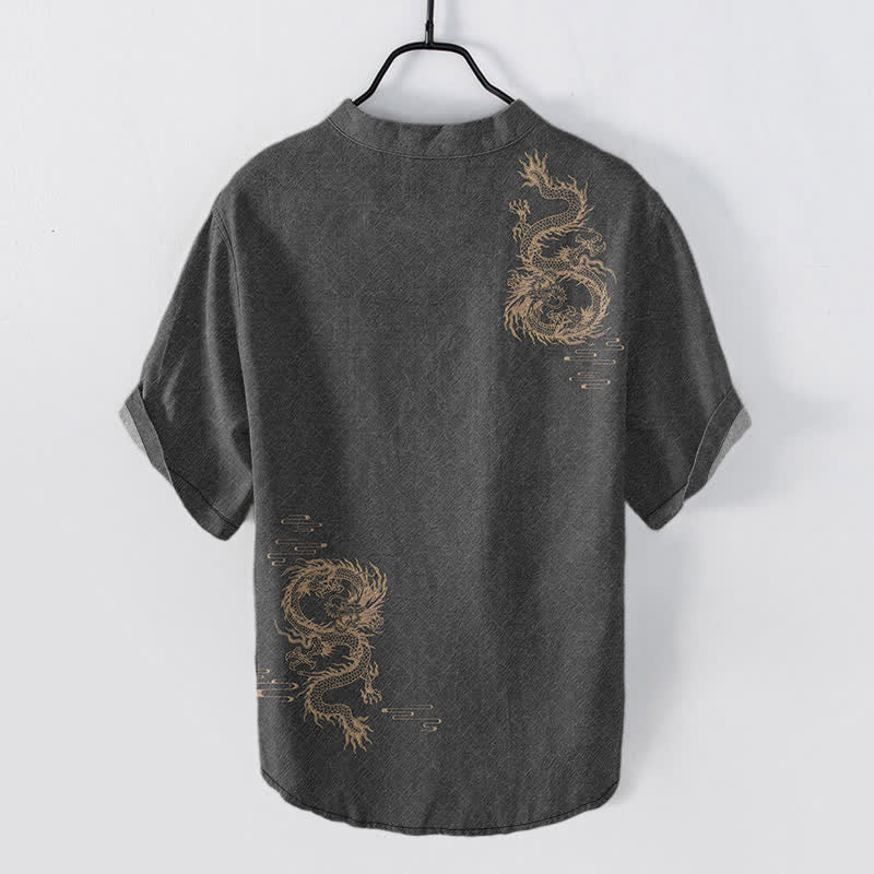 Nimara Ritual Cotton Dragon Men's Short Sleeve Half Button Shirt