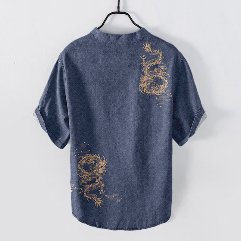 Nimara Ritual Cotton Dragon Men's Short Sleeve Half Button Shirt