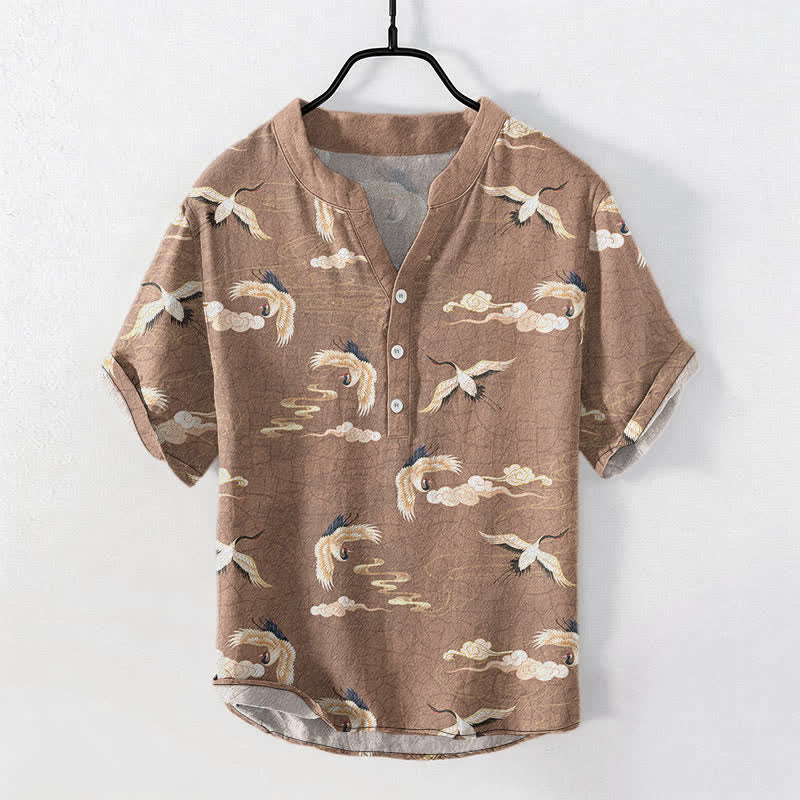 Nimara Ritual Flying Birds Cloud Men's Short Sleeve Half Button Shirt