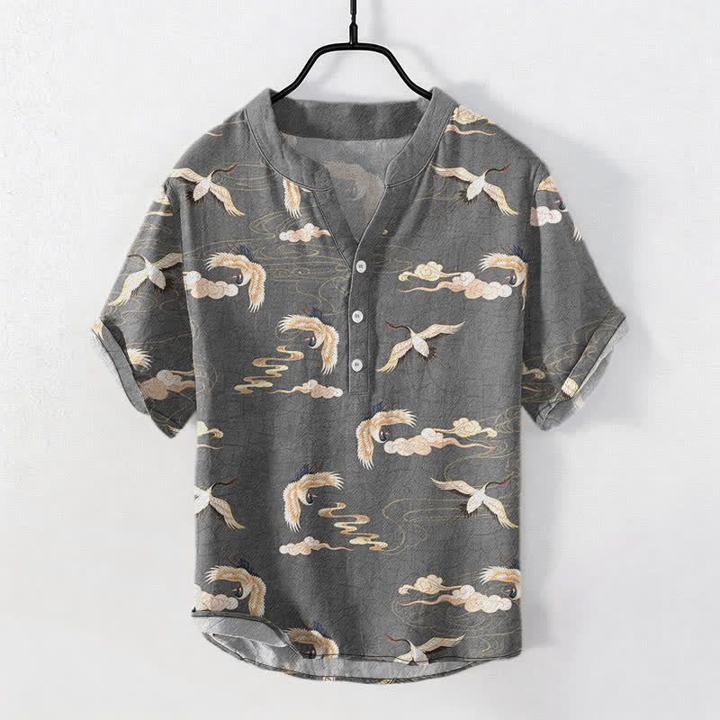 Nimara Ritual Flying Birds Cloud Men's Short Sleeve Half Button Shirt