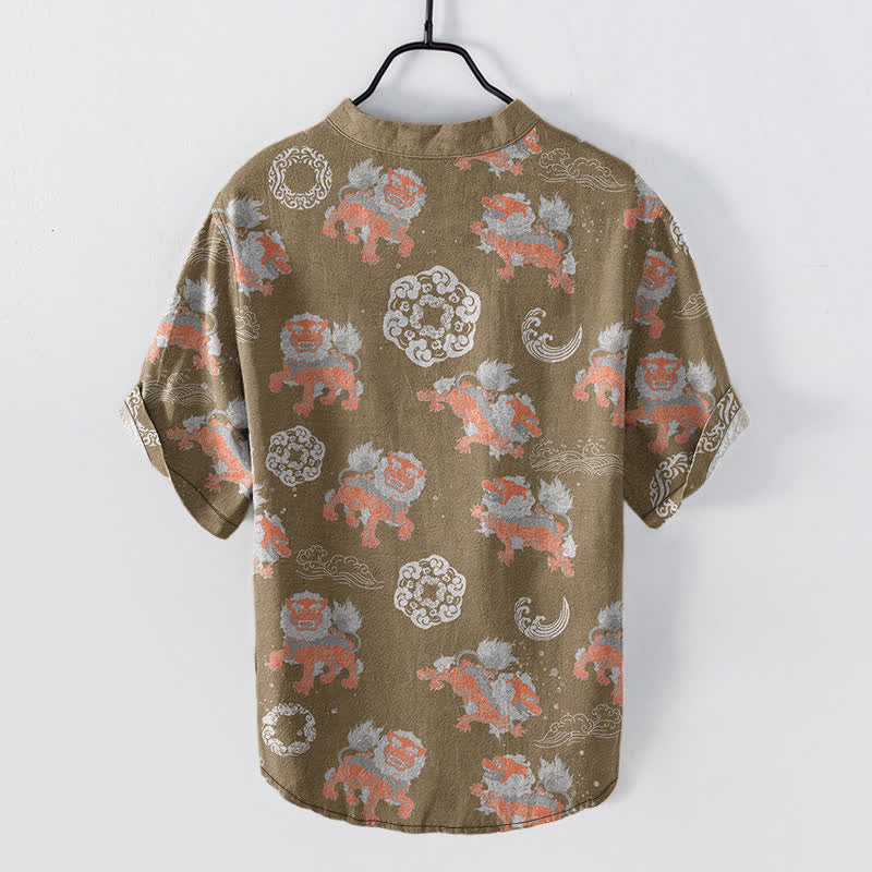 Nimara Ritual Cotton Lion Waves Cloud Men's Short Sleeve Shirt Lightweight Resort Boxy Fit