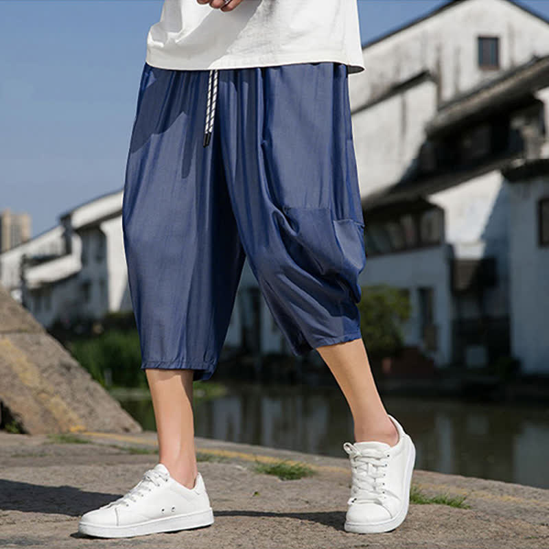 Nimara Ritual Summer Elastic Waist Drawstring Solid Color Half Men's Tapered Pants With Pockets