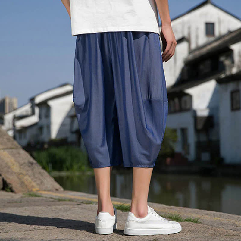 Nimara Ritual Summer Elastic Waist Drawstring Solid Color Half Men's Tapered Pants With Pockets