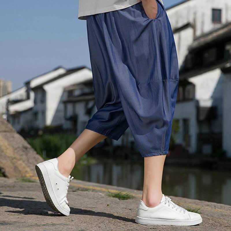 Nimara Ritual Summer Elastic Waist Drawstring Solid Color Half Men's Tapered Pants With Pockets