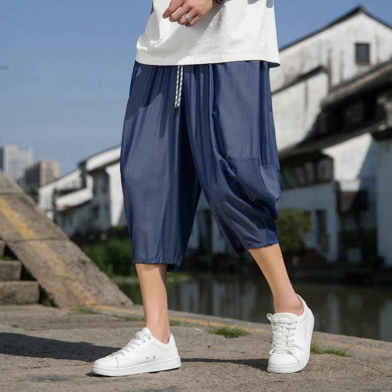 Nimara Ritual Summer Elastic Waist Drawstring Solid Color Half Men's Tapered Pants With Pockets