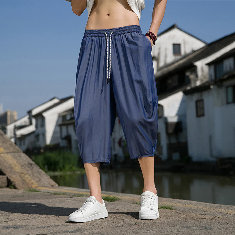 Nimara Ritual Summer Elastic Waist Drawstring Solid Color Half Men's Tapered Pants With Pockets
