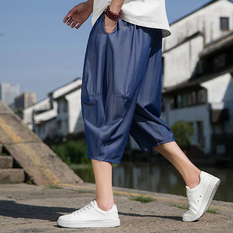 Nimara Ritual Summer Elastic Waist Drawstring Solid Color Half Men's Tapered Pants With Pockets