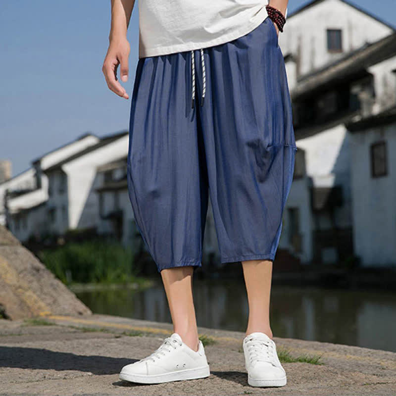 Nimara Ritual Summer Elastic Waist Drawstring Solid Color Half Men's Tapered Pants With Pockets