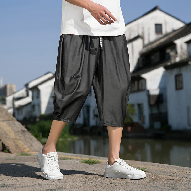 Nimara Ritual Summer Elastic Waist Drawstring Solid Color Half Men's Tapered Pants With Pockets