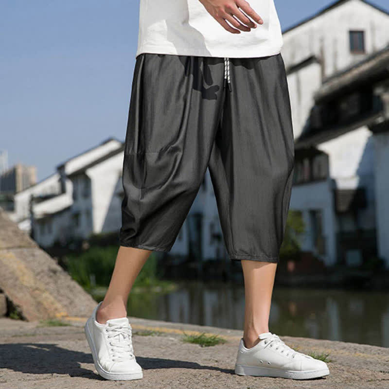 Nimara Ritual Summer Elastic Waist Drawstring Solid Color Half Men's Tapered Pants With Pockets