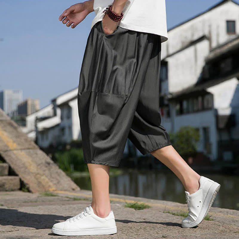 Nimara Ritual Summer Elastic Waist Drawstring Solid Color Half Men's Tapered Pants With Pockets