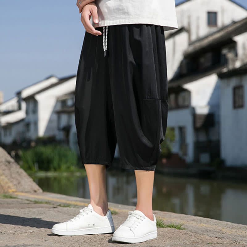 Nimara Ritual Summer Elastic Waist Drawstring Solid Color Half Men's Tapered Pants With Pockets