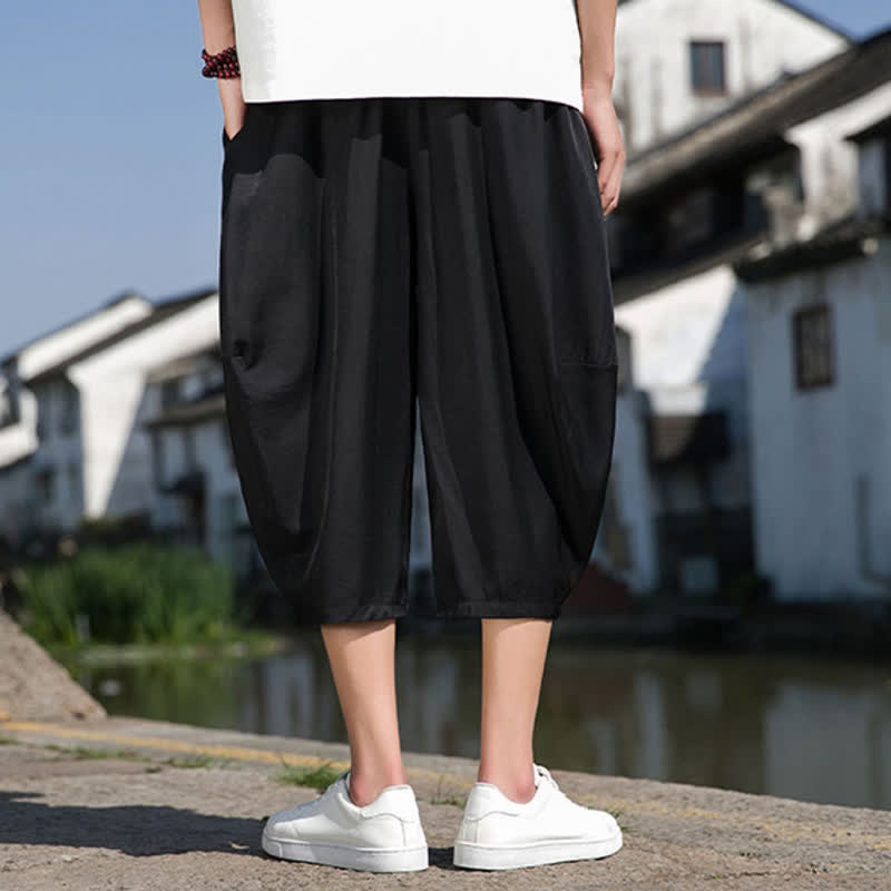 Nimara Ritual Summer Elastic Waist Drawstring Solid Color Half Men's Tapered Pants With Pockets