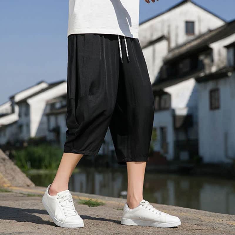 Nimara Ritual Summer Elastic Waist Drawstring Solid Color Half Men's Tapered Pants With Pockets