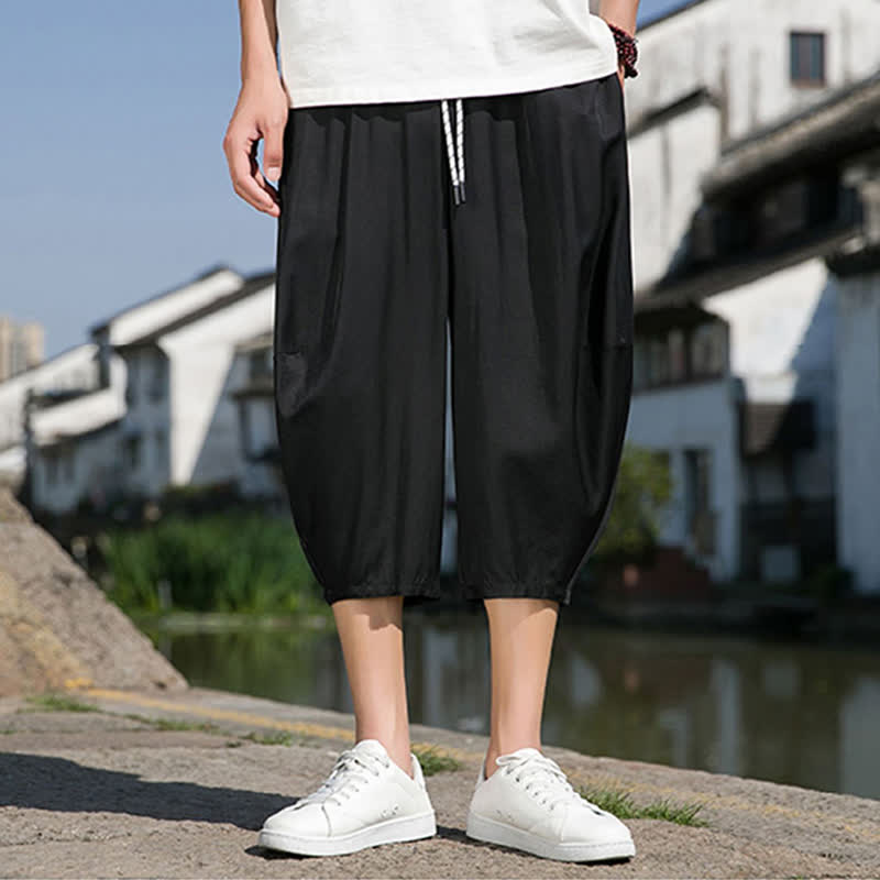 Nimara Ritual Summer Elastic Waist Drawstring Solid Color Half Men's Tapered Pants With Pockets