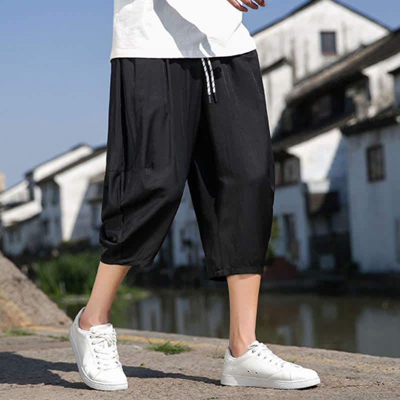 Nimara Ritual Summer Elastic Waist Drawstring Solid Color Half Men's Tapered Pants With Pockets