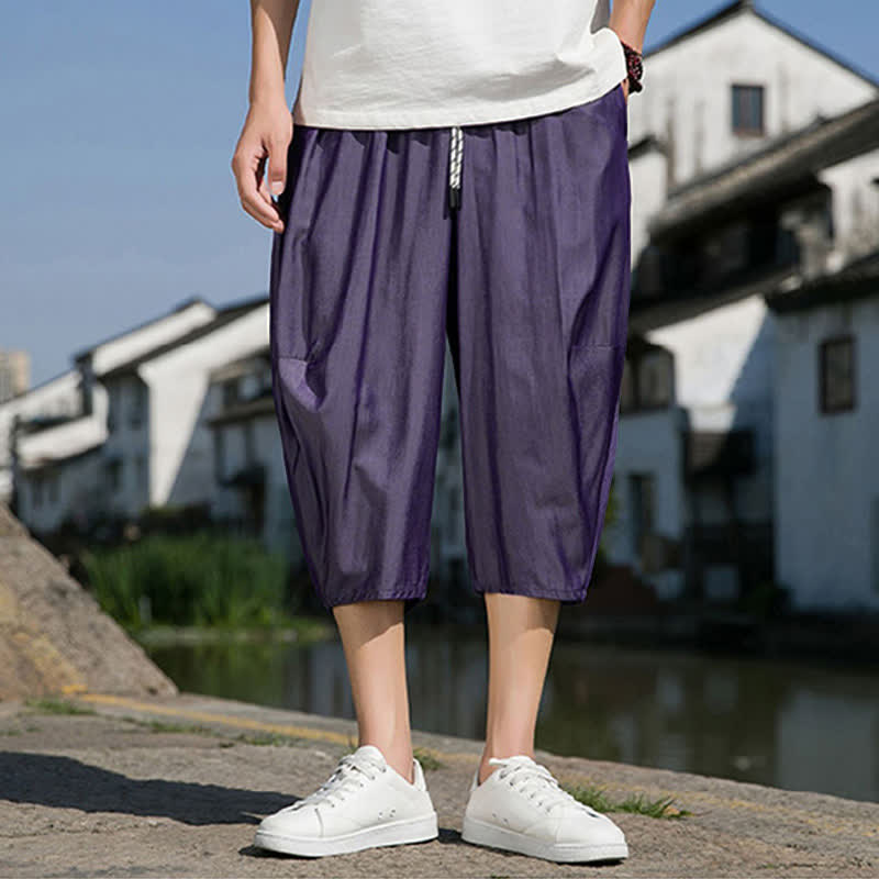 Nimara Ritual Summer Elastic Waist Drawstring Solid Color Half Men's Tapered Pants With Pockets