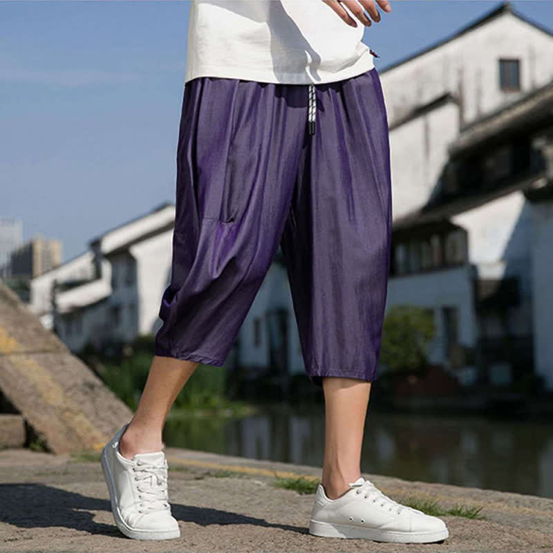Nimara Ritual Summer Elastic Waist Drawstring Solid Color Half Men's Tapered Pants With Pockets