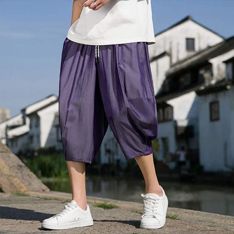 Nimara Ritual Summer Elastic Waist Drawstring Solid Color Half Men's Tapered Pants With Pockets