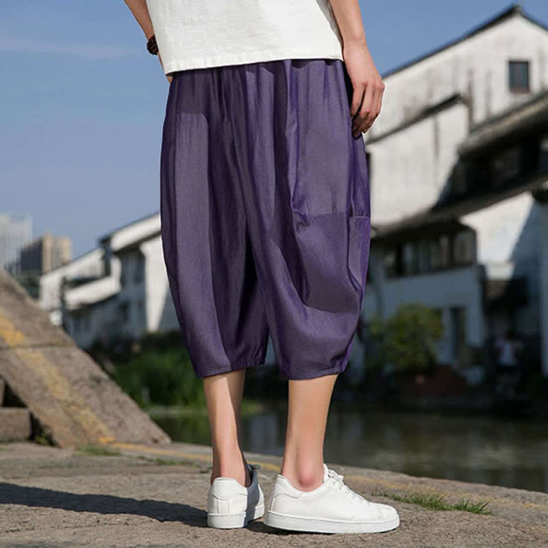 Nimara Ritual Summer Elastic Waist Drawstring Solid Color Half Men's Tapered Pants With Pockets