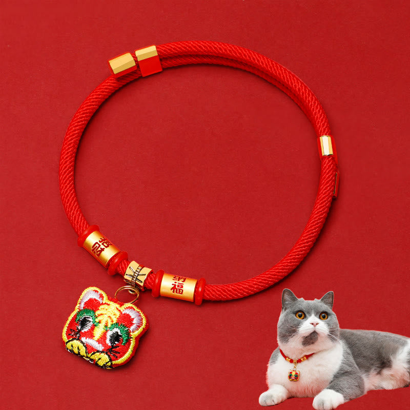 Nimara Ritual Red String Plaited Embroidery Tiger Fu Character Protection Adjustable Cats Dogs Pet Collar