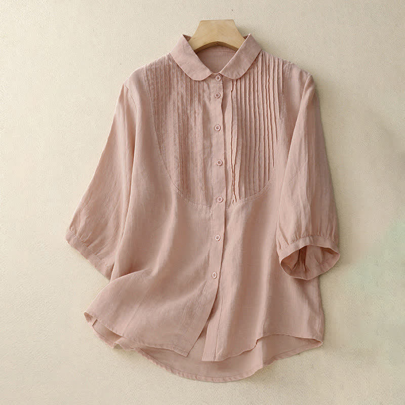 Nimara Ritual Spring Pleated Pintuck Peter Pan Collar Half Sleeve Women's Shirt