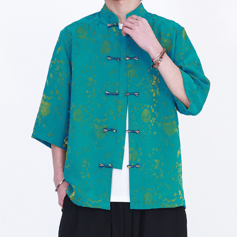 Nimara Ritual Summer Vintage Elegant Mandarin Collar Gold Cloud Pattern Elbow Sleeve Men's Shirt