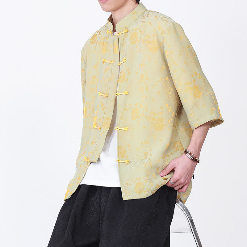 Nimara Ritual Summer Vintage Elegant Mandarin Collar Gold Cloud Pattern Elbow Sleeve Men's Shirt