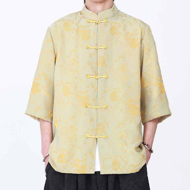 Nimara Ritual Summer Vintage Elegant Mandarin Collar Gold Cloud Pattern Elbow Sleeve Men's Shirt