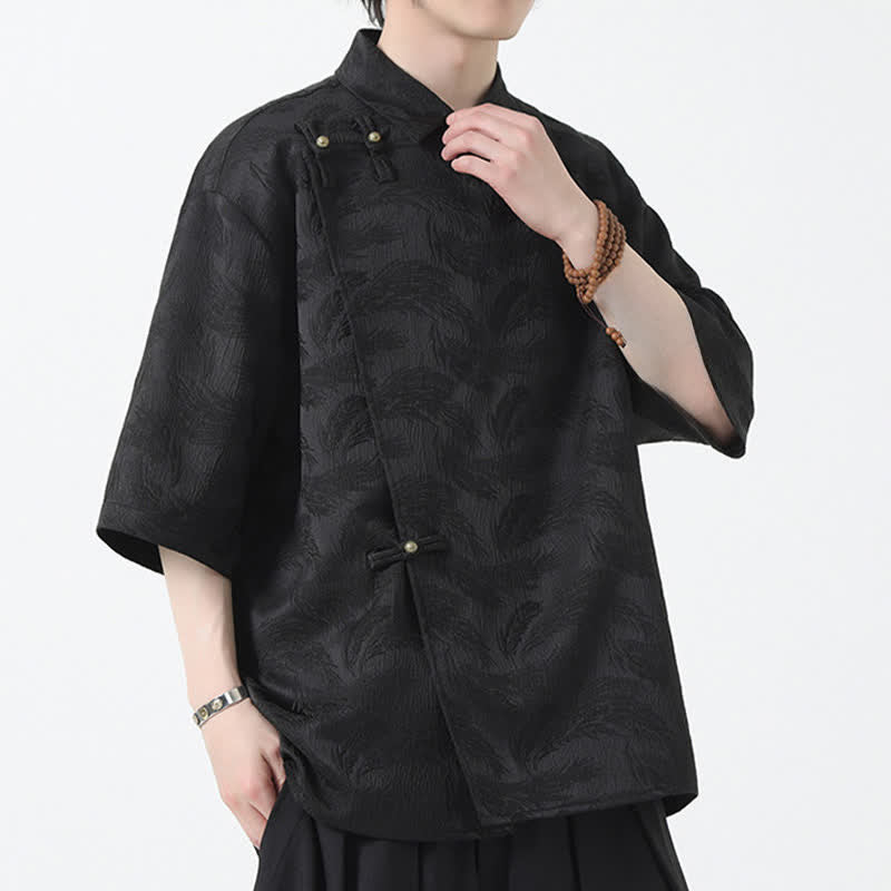 Nimara Ritual Summer Mandarin Collar Textured Jacquard Men's Elbow Sleeve Shirt