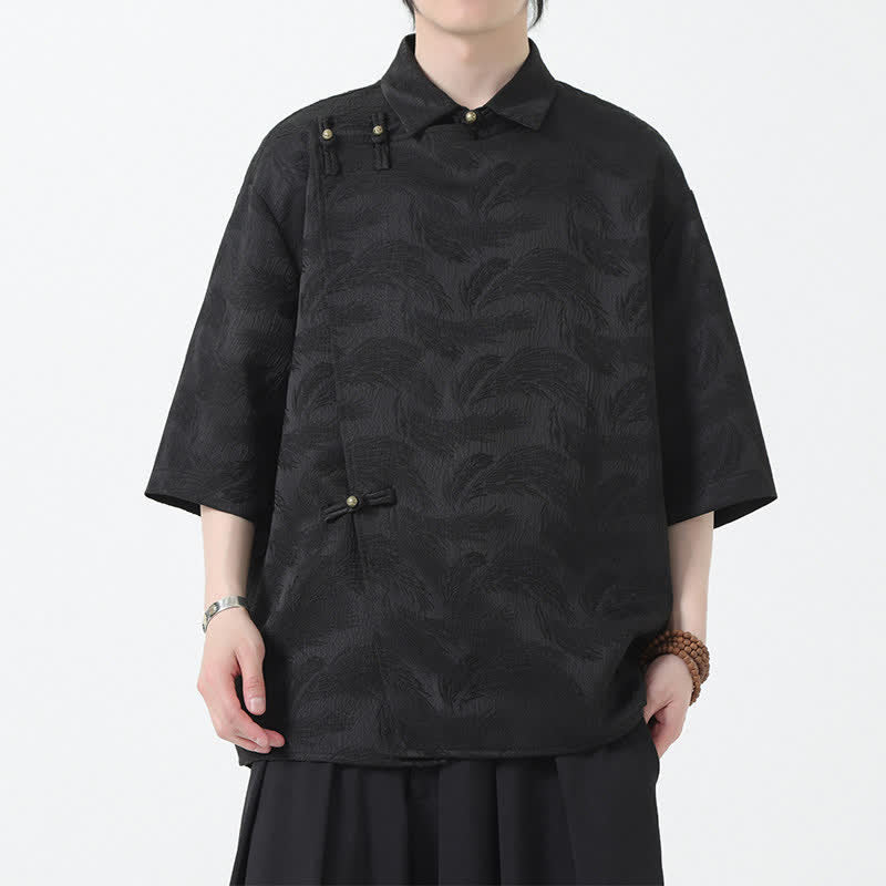 Nimara Ritual Summer Mandarin Collar Textured Jacquard Men's Elbow Sleeve Shirt