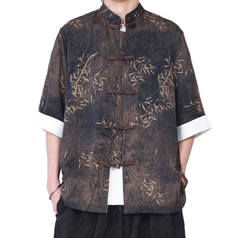 Nimara Ritual Summer Bamboo Print Mandarin Collar Frog Buttons Men's Elbow-Length Sleeve Shirt
