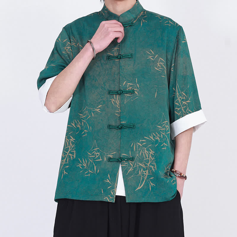 Nimara Ritual Summer Bamboo Print Mandarin Collar Frog Buttons Men's Elbow-Length Sleeve Shirt