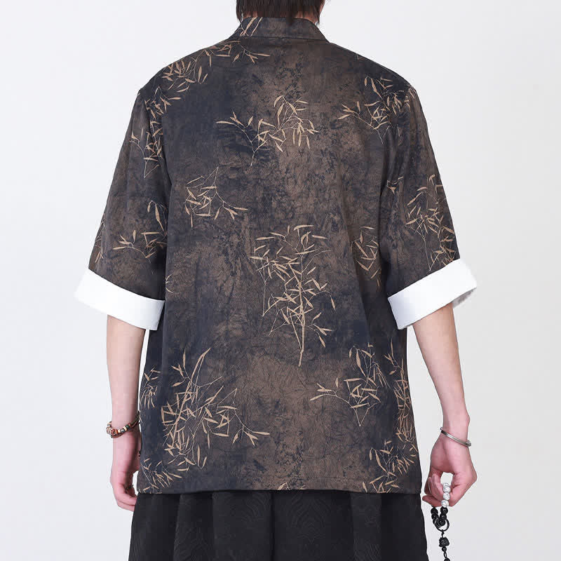 Nimara Ritual Summer Bamboo Print Mandarin Collar Frog Buttons Men's Elbow-Length Sleeve Shirt