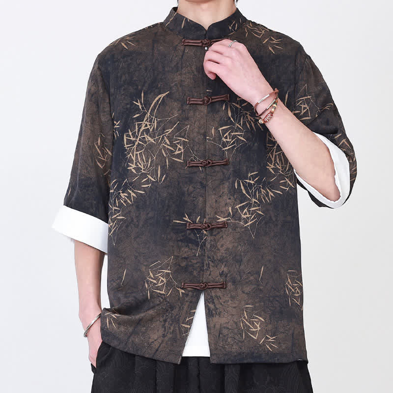 Nimara Ritual Summer Bamboo Print Mandarin Collar Frog Buttons Men's Elbow-Length Sleeve Shirt