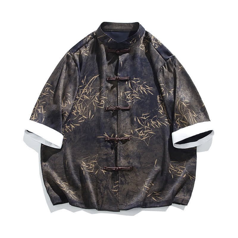 Nimara Ritual Summer Bamboo Print Mandarin Collar Frog Buttons Men's Elbow-Length Sleeve Shirt