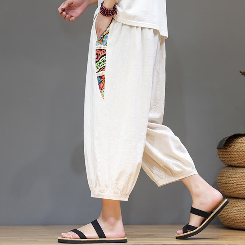 Nimara Ritual Summer Tribal Side Stripe Drawstring Waist Men's Capri Tapered Pants With Pockets