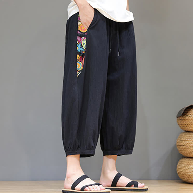 Nimara Ritual Summer Tribal Side Stripe Drawstring Waist Men's Capri Tapered Pants With Pockets