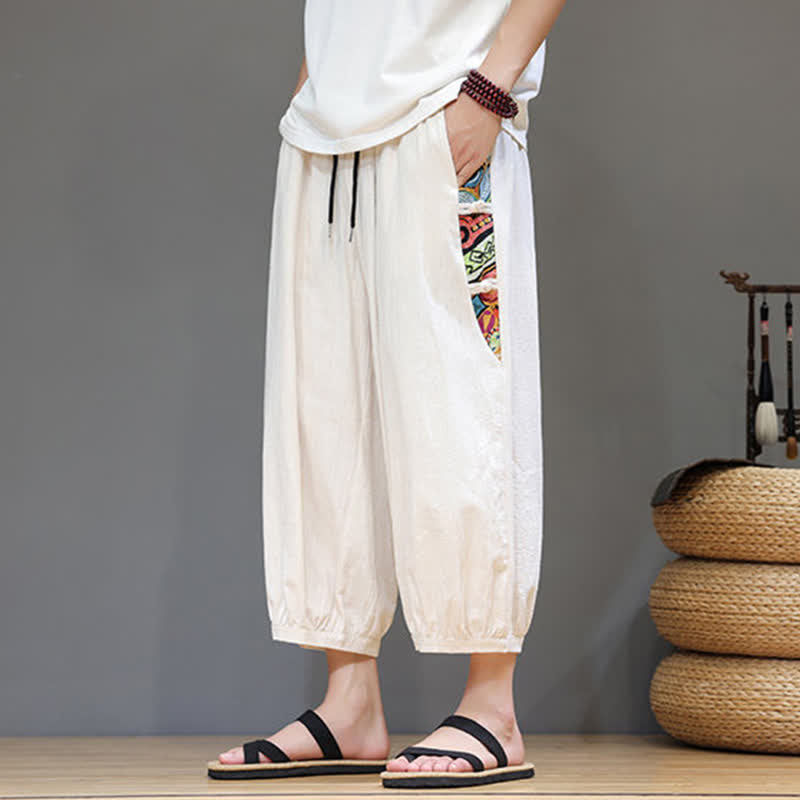 Nimara Ritual Summer Tribal Side Stripe Drawstring Waist Men's Capri Tapered Pants With Pockets