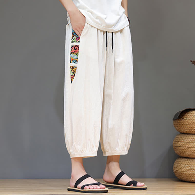 Nimara Ritual Summer Tribal Side Stripe Drawstring Waist Men's Capri Tapered Pants With Pockets