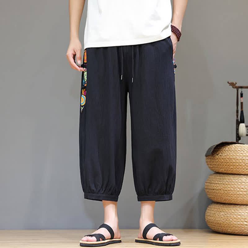 Nimara Ritual Summer Tribal Side Stripe Drawstring Waist Men's Capri Tapered Pants With Pockets