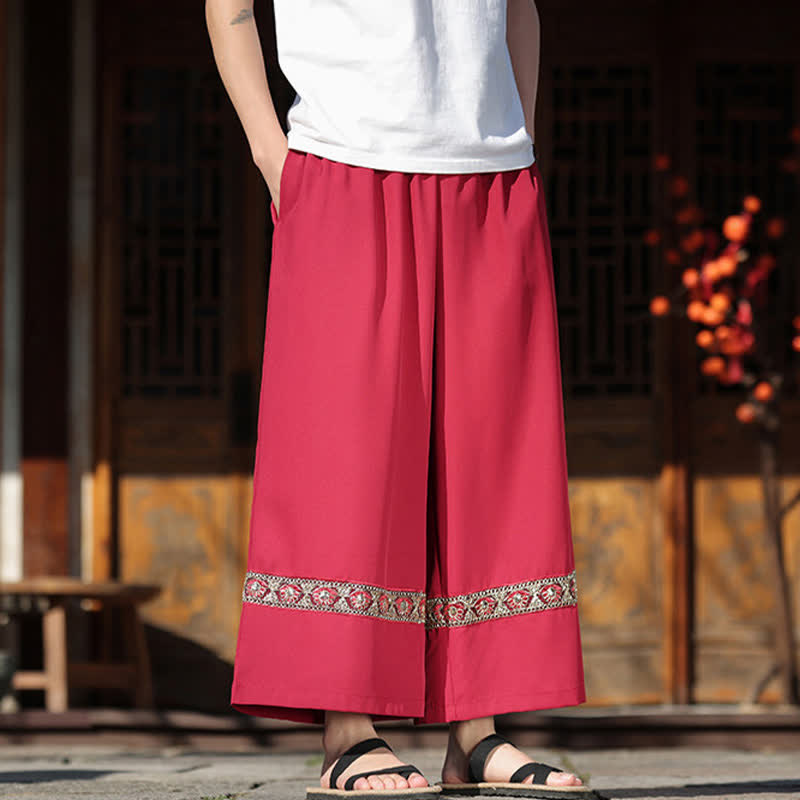 Nimara Ritual Summer Cotton Embroidered Hem Elastic Waist Men's Cropped Wide Leg Pants With Pockets