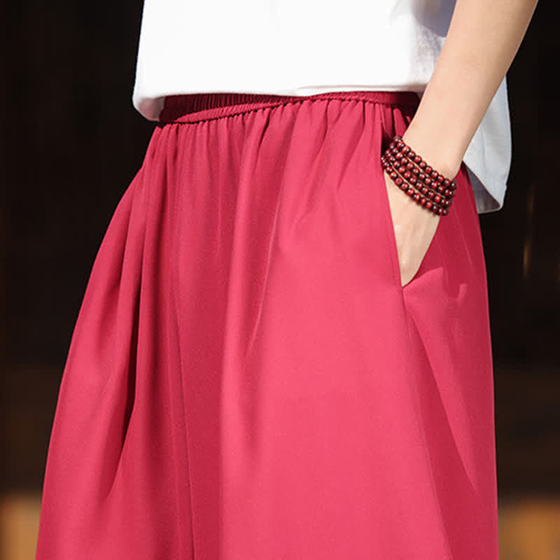 Nimara Ritual Summer Cotton Embroidered Hem Elastic Waist Men's Cropped Wide Leg Pants With Pockets