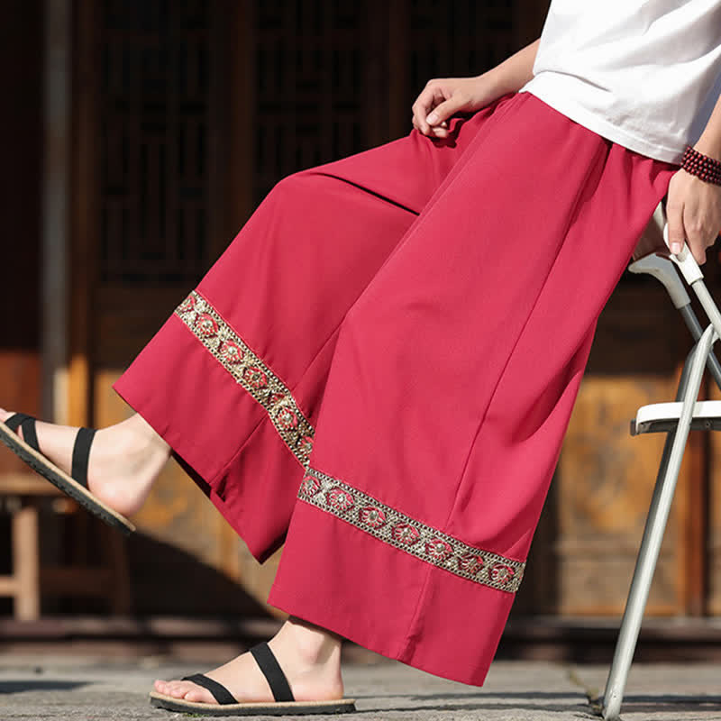 Nimara Ritual Summer Cotton Embroidered Hem Elastic Waist Men's Cropped Wide Leg Pants With Pockets