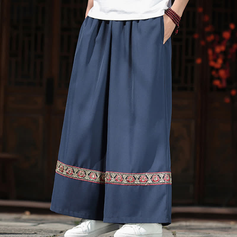 Nimara Ritual Summer Cotton Embroidered Hem Elastic Waist Men's Cropped Wide Leg Pants With Pockets