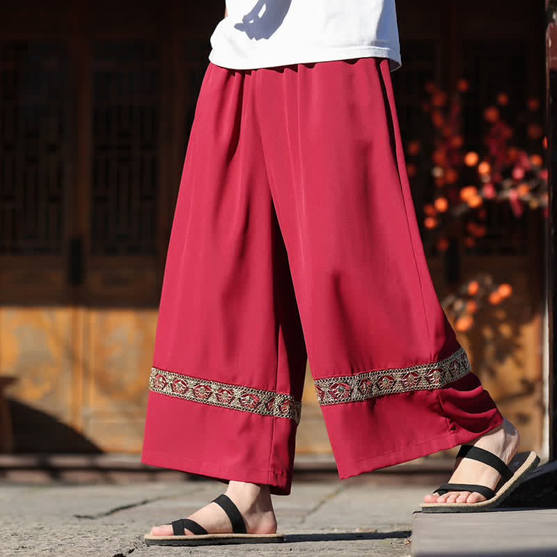 Nimara Ritual Summer Cotton Embroidered Hem Elastic Waist Men's Cropped Wide Leg Pants With Pockets
